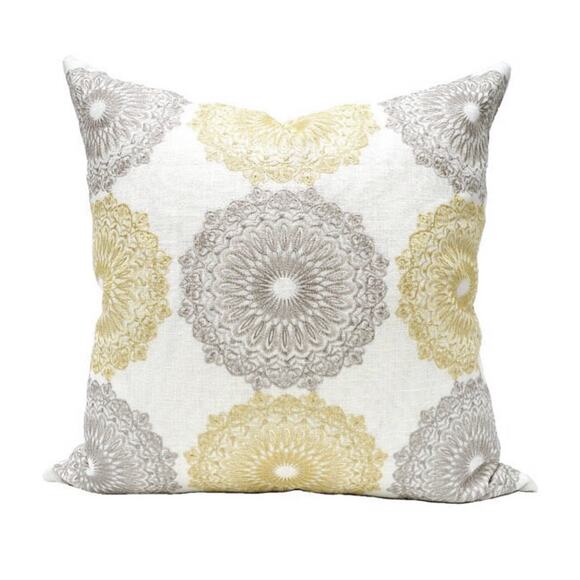 Embroidered Pillow Cover 20x20" Squar Pearl Gold Gray Flower Medallion Linen New - Picture 1 of 10